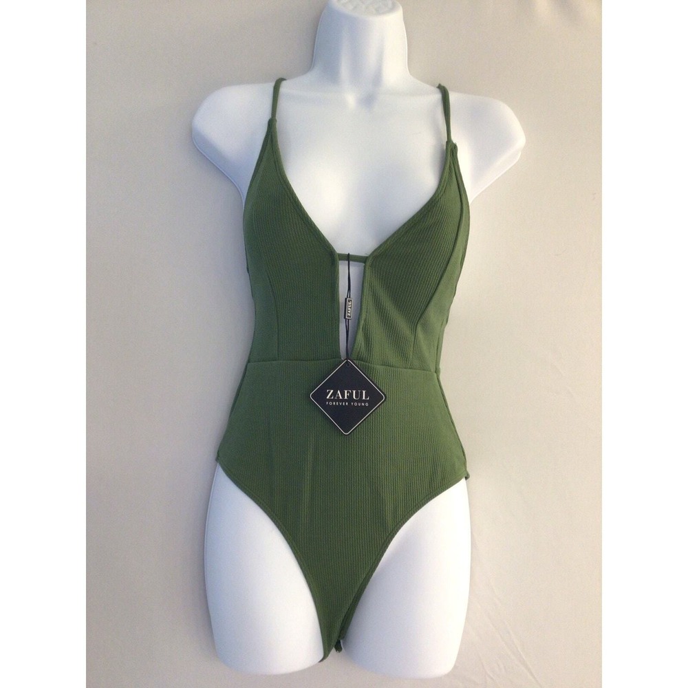 Zaful 1 Piece Bathing Swimsuit Womens 4 Olive Green Zig Zag Tie Back Plunge Neck